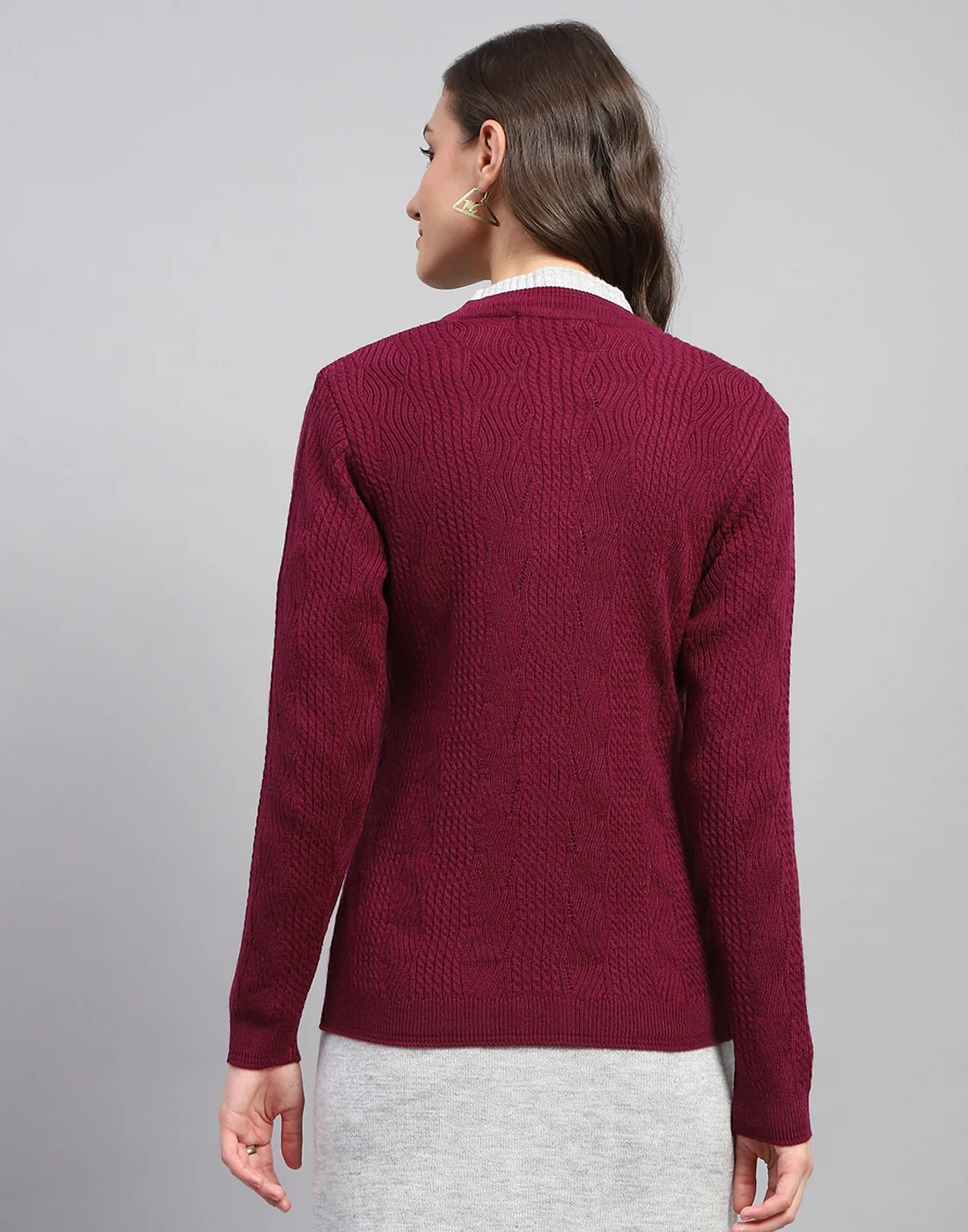 Women Maroon Self Design V Neck Full Sleeve Cardigan - Image 6