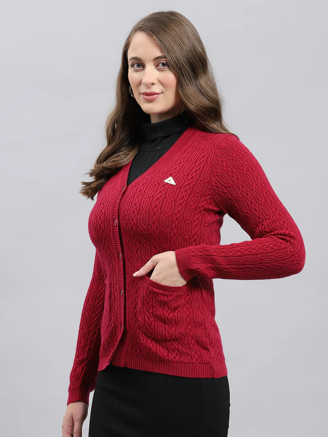 Women Maroon Self Design V Neck Full Sleeve Cardigan - Image 3