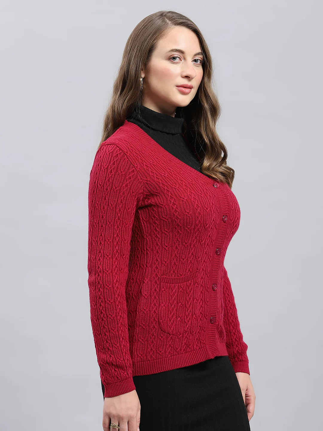 Women Maroon Self Design V Neck Full Sleeve Cardigan - Image 4