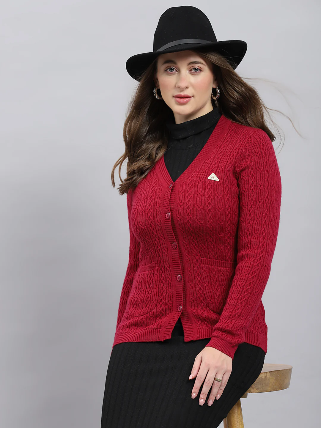 Women Maroon Self Design V Neck Full Sleeve Cardigan - Image 6