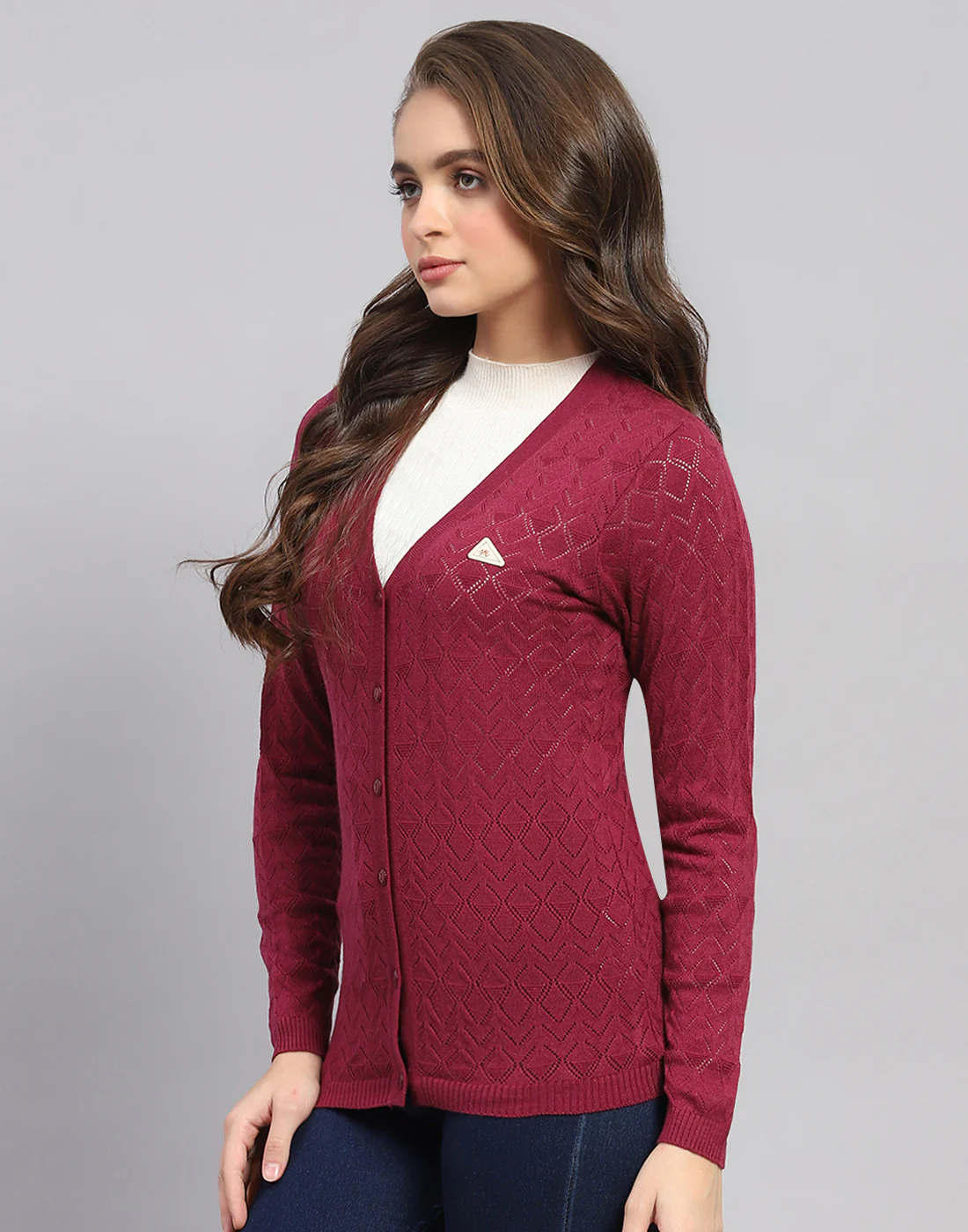 Women Maroon Self Design V Neck Full Sleeve Cardigan - Image 3