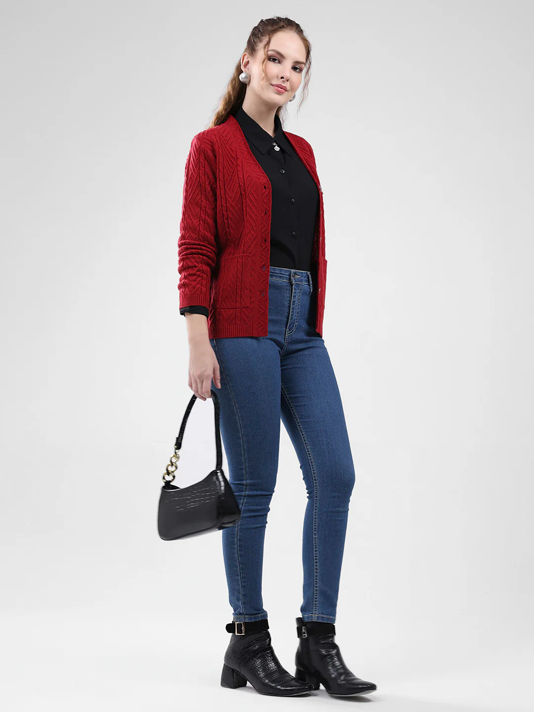 Women Maroon Self Design V Neck Full Sleeve Cardigan - Image 2