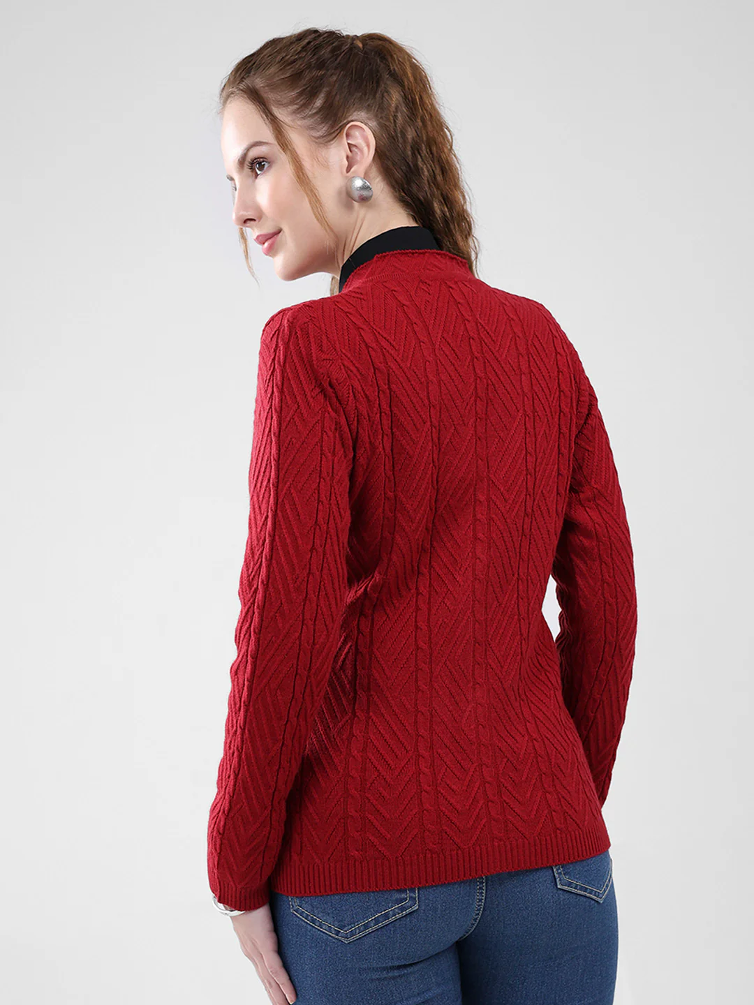 Women Maroon Self Design V Neck Full Sleeve Cardigan - Image 5
