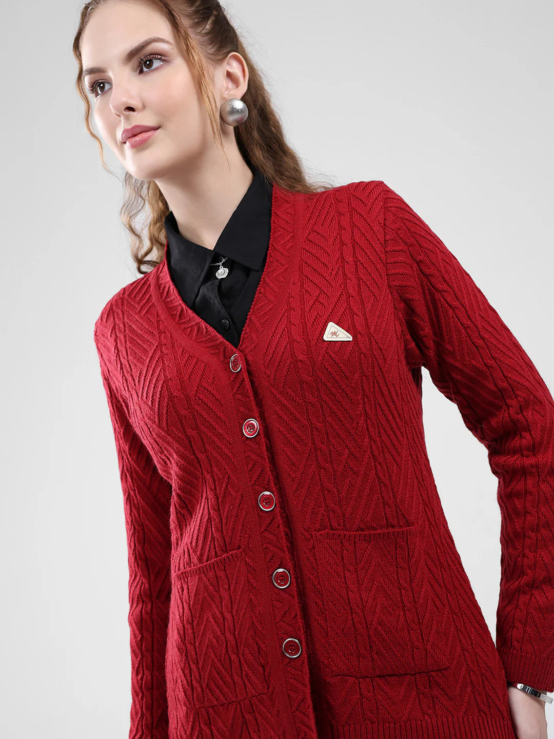 Women Maroon Self Design V Neck Full Sleeve Cardigan - Image 6