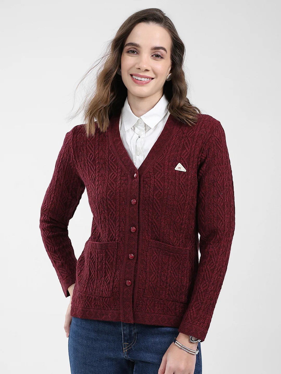 Women Maroon Self Design V Neck Full Sleeve Cardigan
