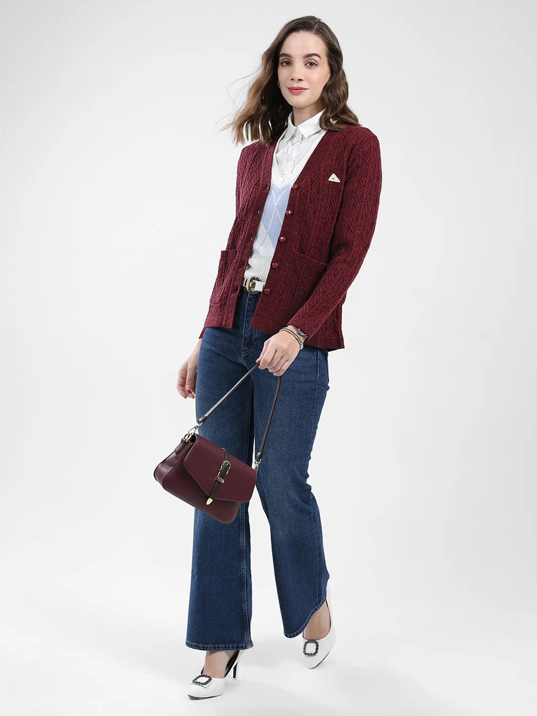 Women Maroon Self Design V Neck Full Sleeve Cardigan - Image 2