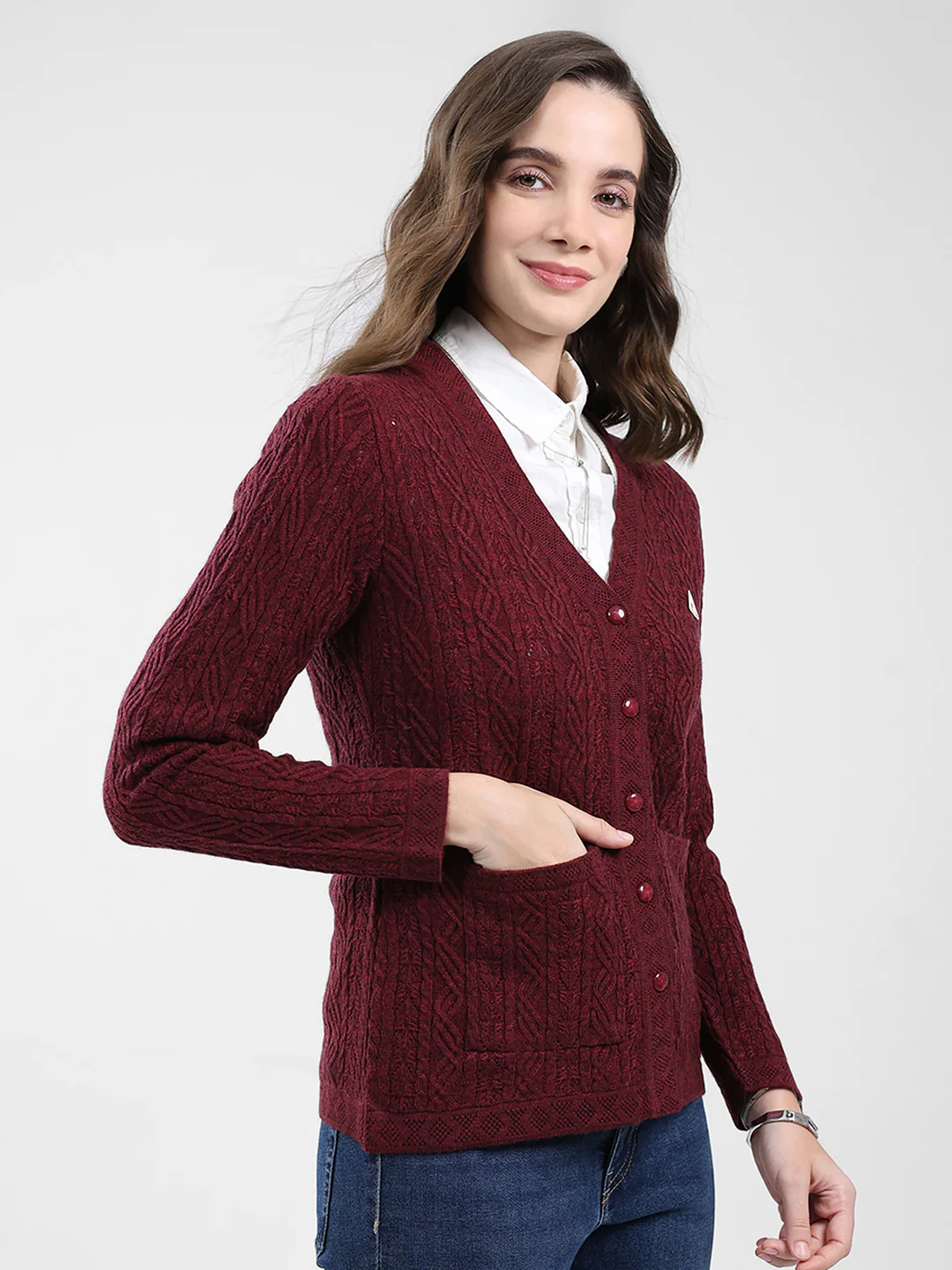 Women Maroon Self Design V Neck Full Sleeve Cardigan - Image 4