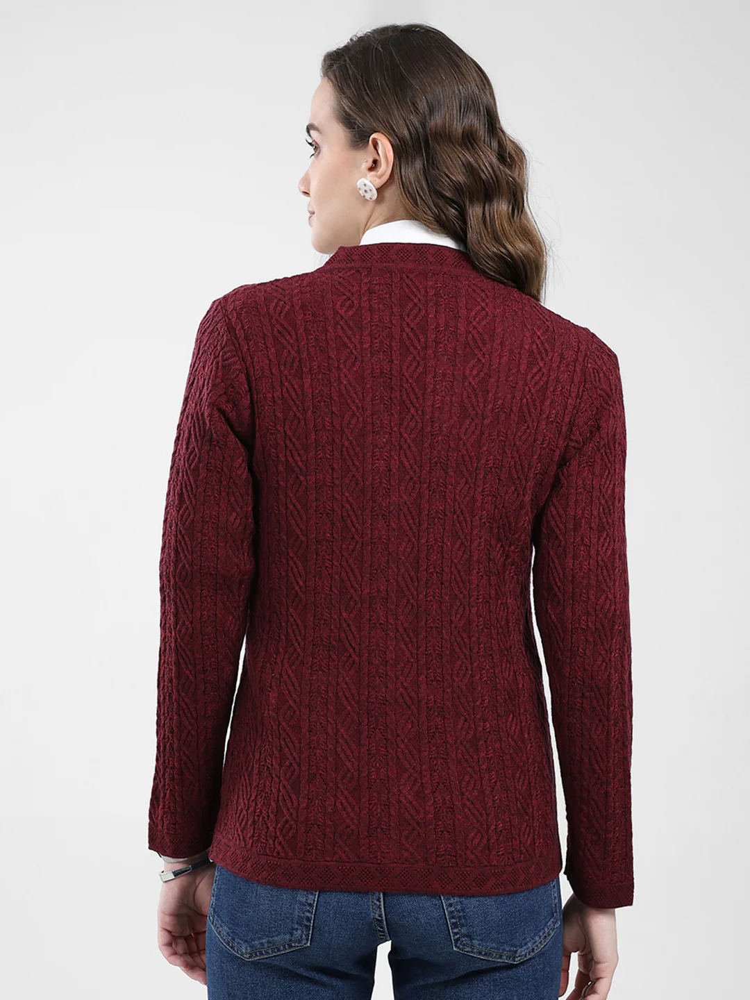 Women Maroon Self Design V Neck Full Sleeve Cardigan - Image 5