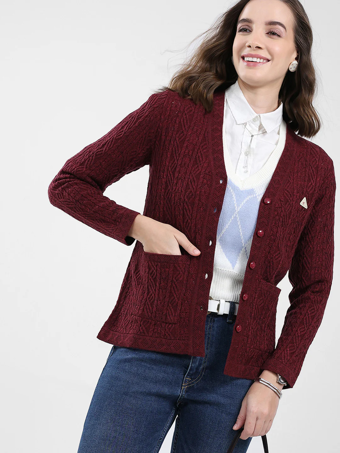 Women Maroon Self Design V Neck Full Sleeve Cardigan - Image 6