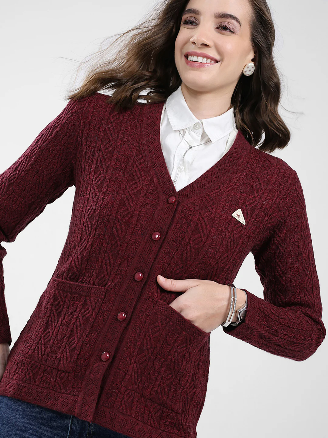 Women Maroon Self Design V Neck Full Sleeve Cardigan - Image 7