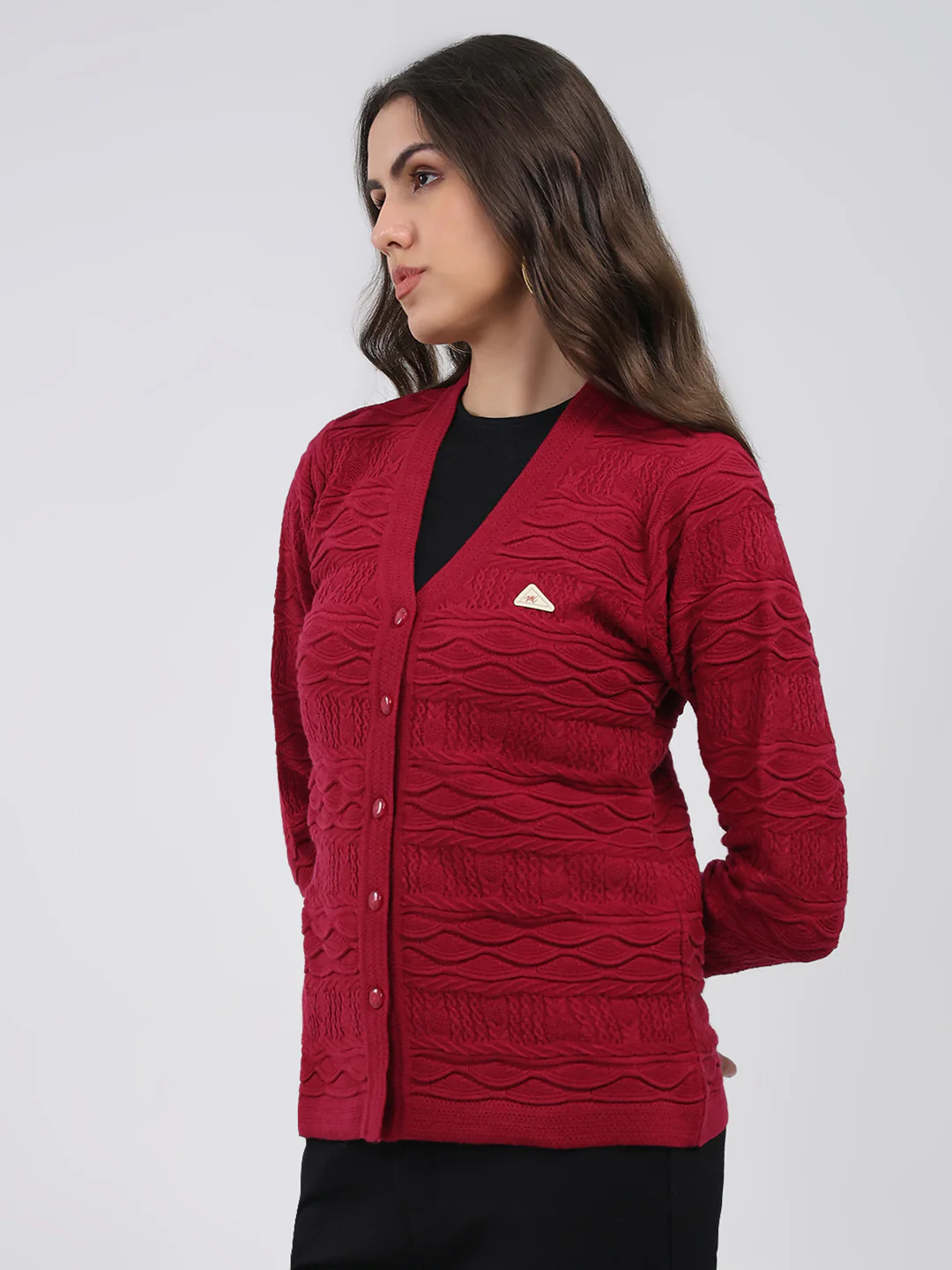 Women Maroon Self Design V Neck Full Sleeve Cardigan - Image 3