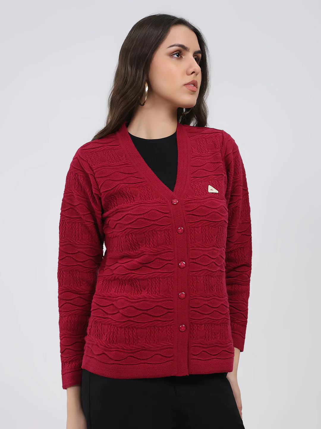 Women Maroon Self Design V Neck Full Sleeve Cardigan - Image 4