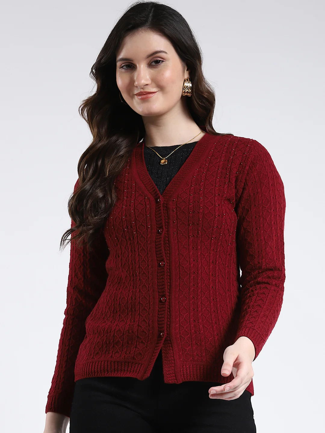 Women Maroon Self Design V Neck Full Sleeve Cardigan