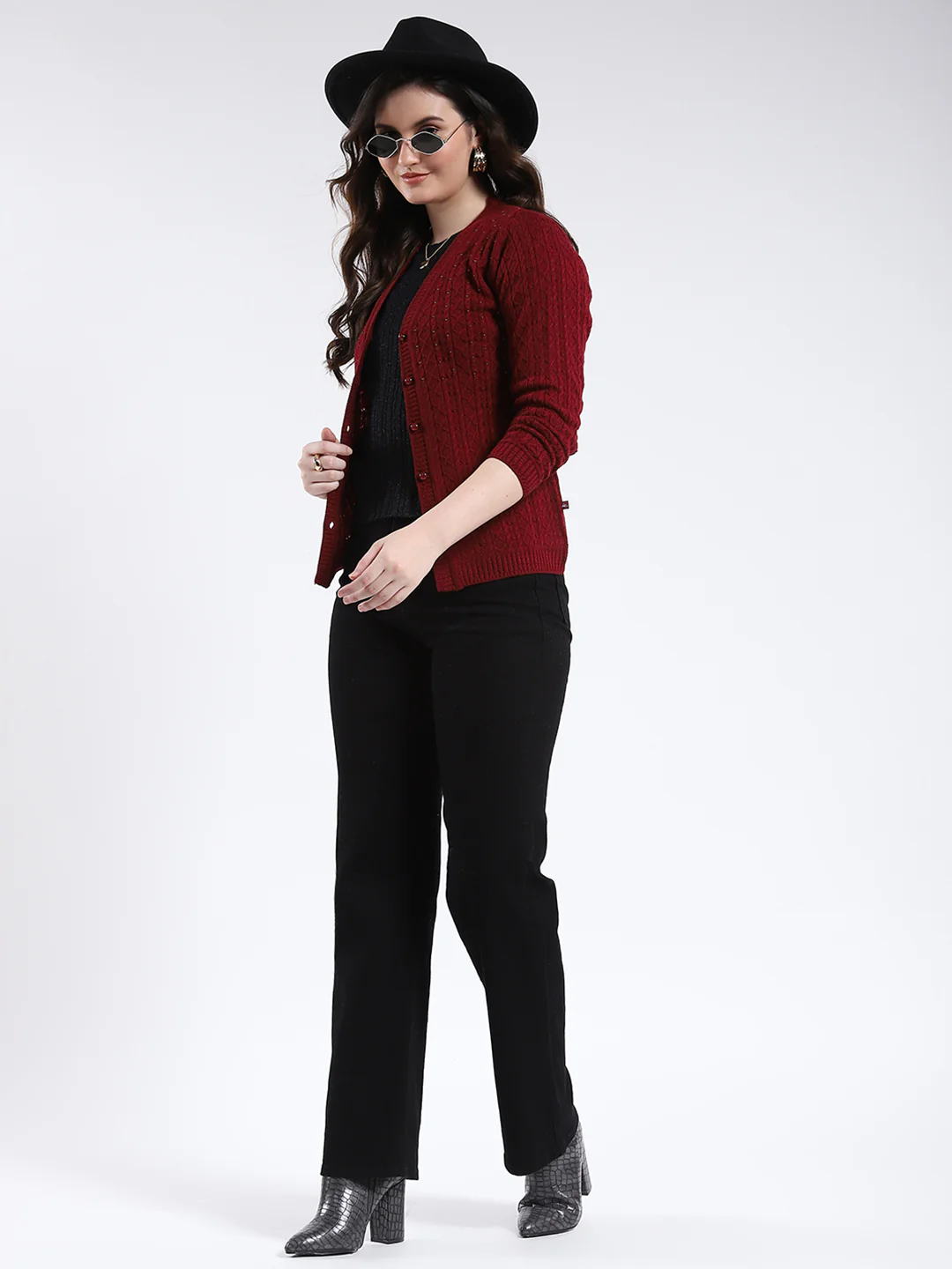 Women Maroon Self Design V Neck Full Sleeve Cardigan - Image 2