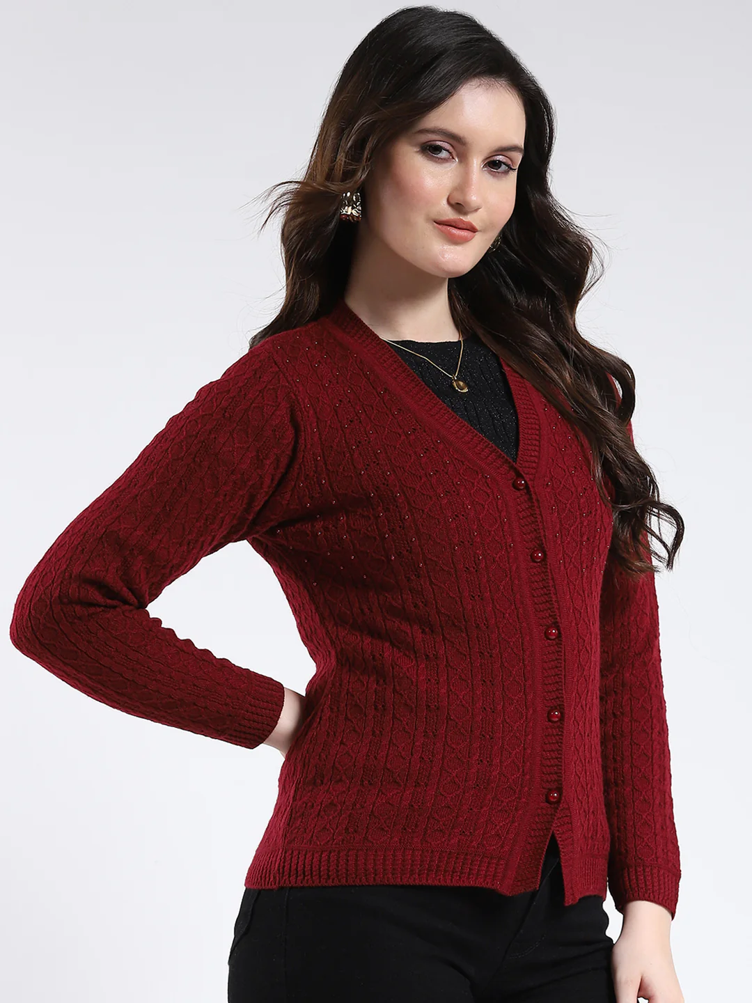 Women Maroon Self Design V Neck Full Sleeve Cardigan - Image 4