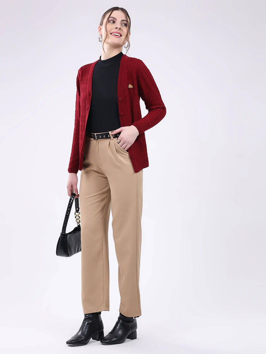 Women Maroon Self Design V Neck Full Sleeve Cardigan - Image 2