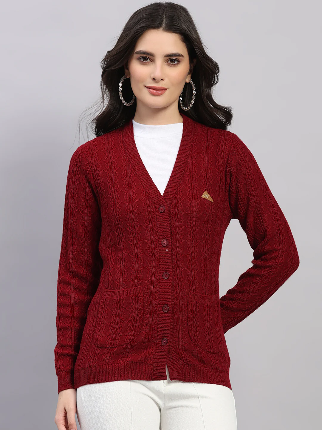 Women Maroon Self Design V Neck Full Sleeve Cardigan