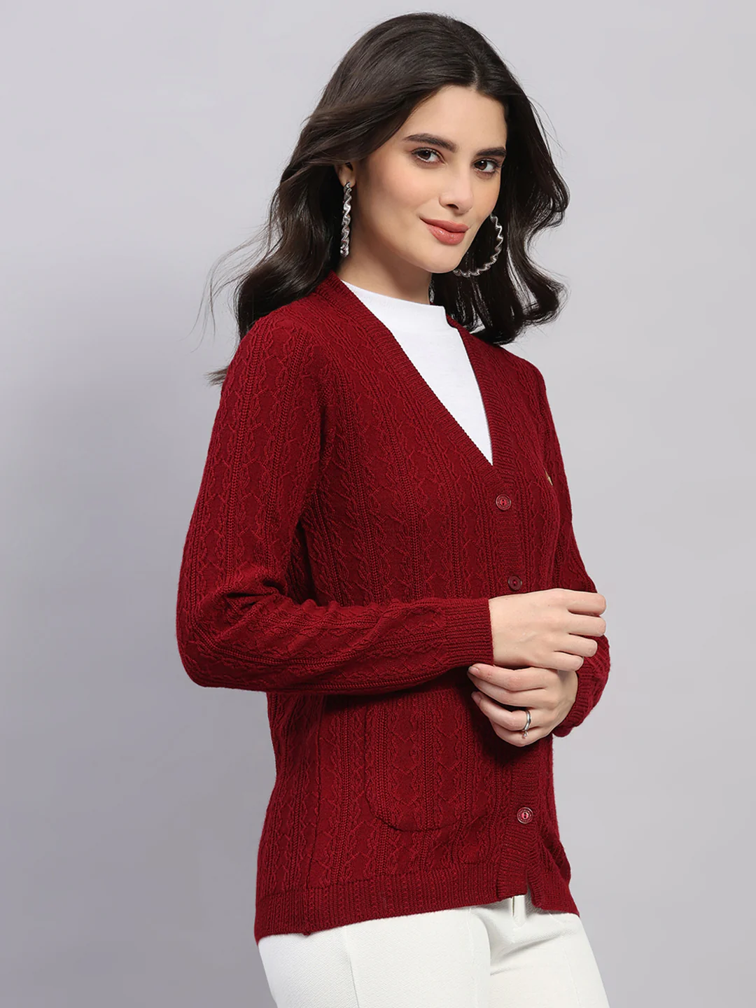 Women Maroon Self Design V Neck Full Sleeve Cardigan - Image 4