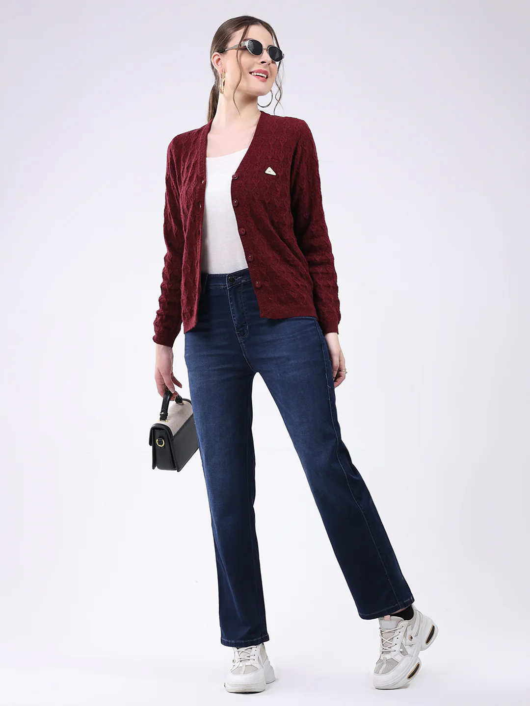 Women Maroon Self Design V Neck Full Sleeve Cardigan - Image 2