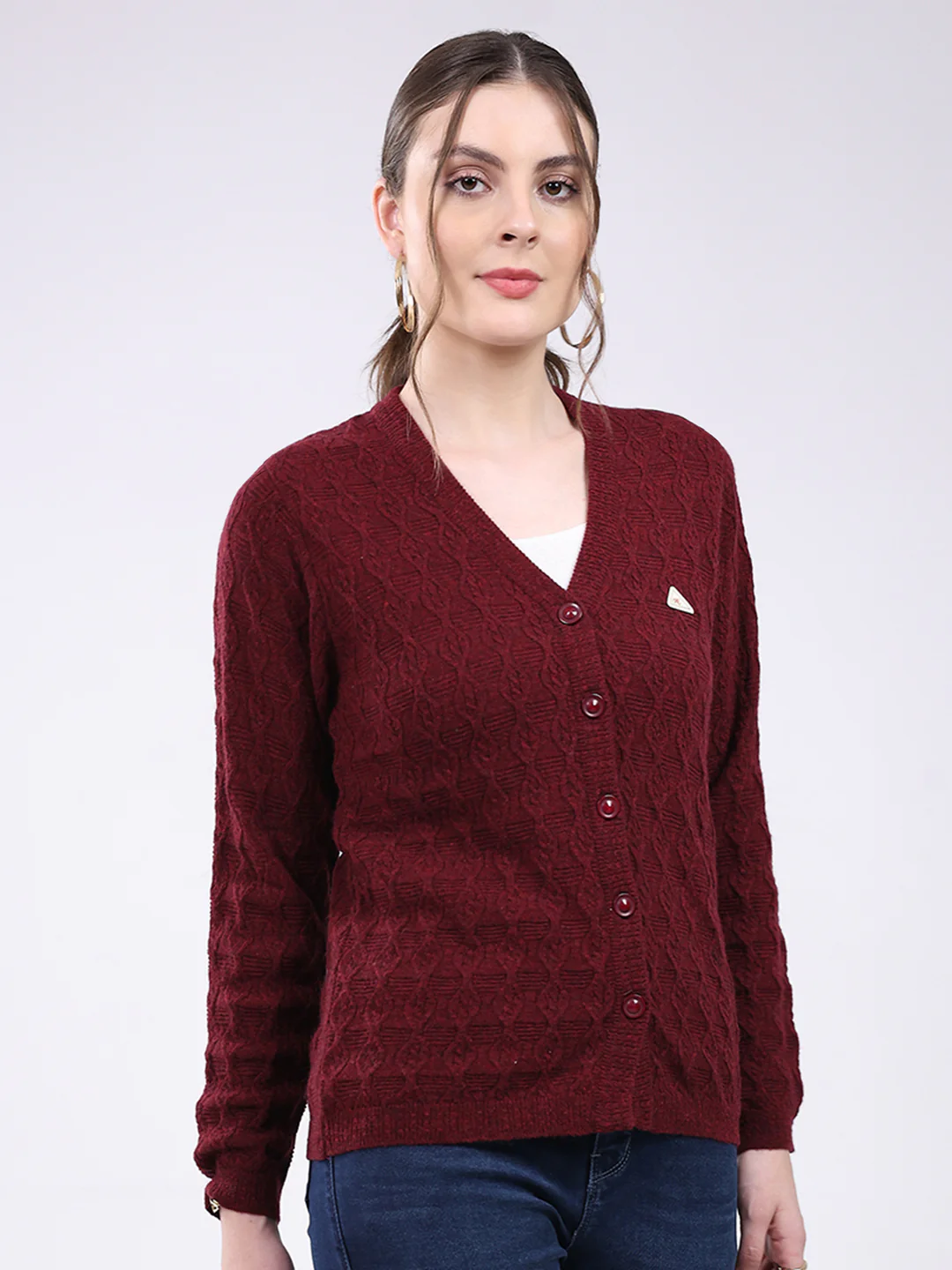 Women Maroon Self Design V Neck Full Sleeve Cardigan - Image 4