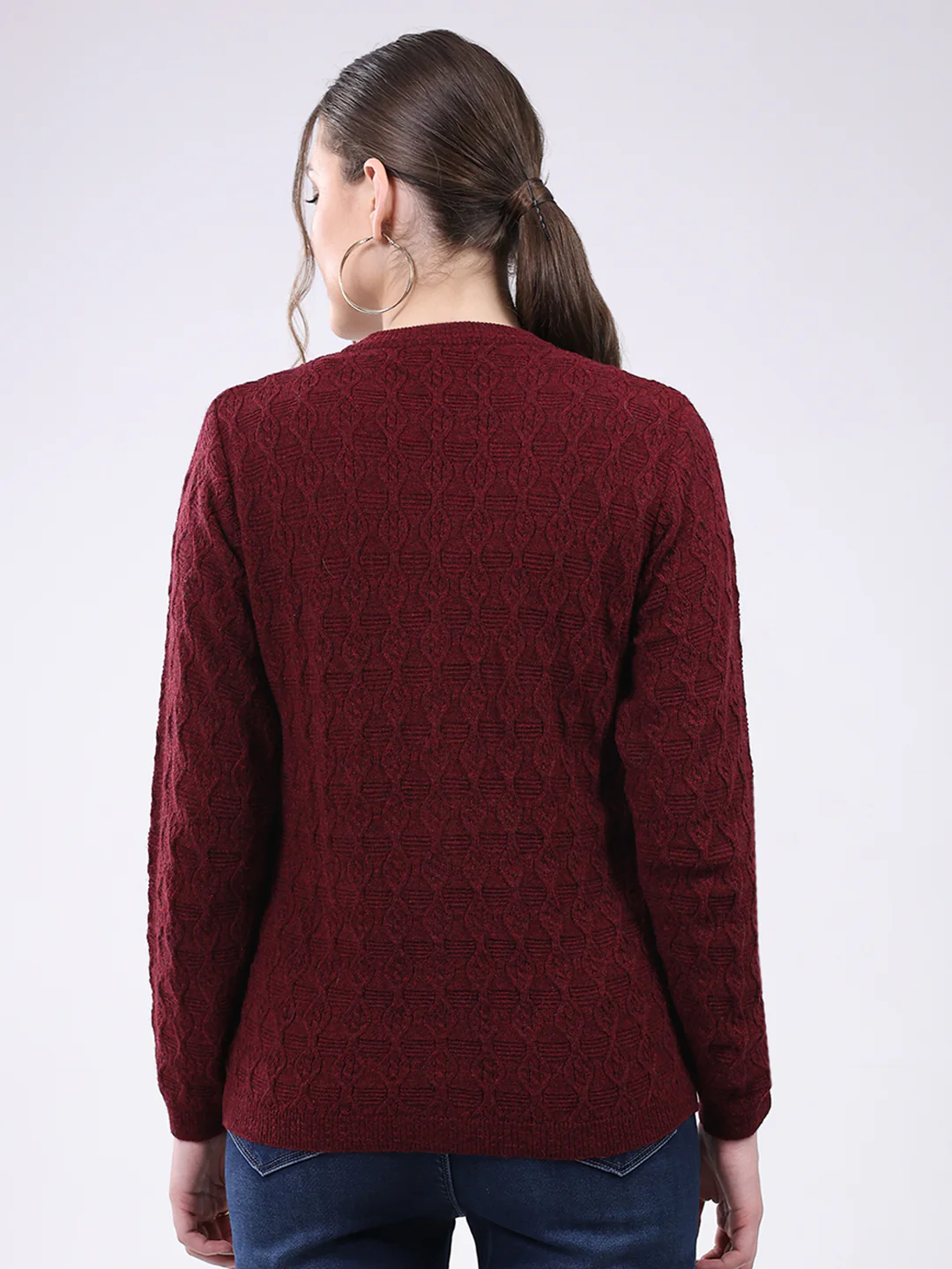 Women Maroon Self Design V Neck Full Sleeve Cardigan - Image 5