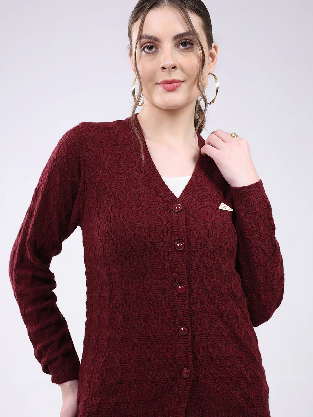 Women Maroon Self Design V Neck Full Sleeve Cardigan - Image 6