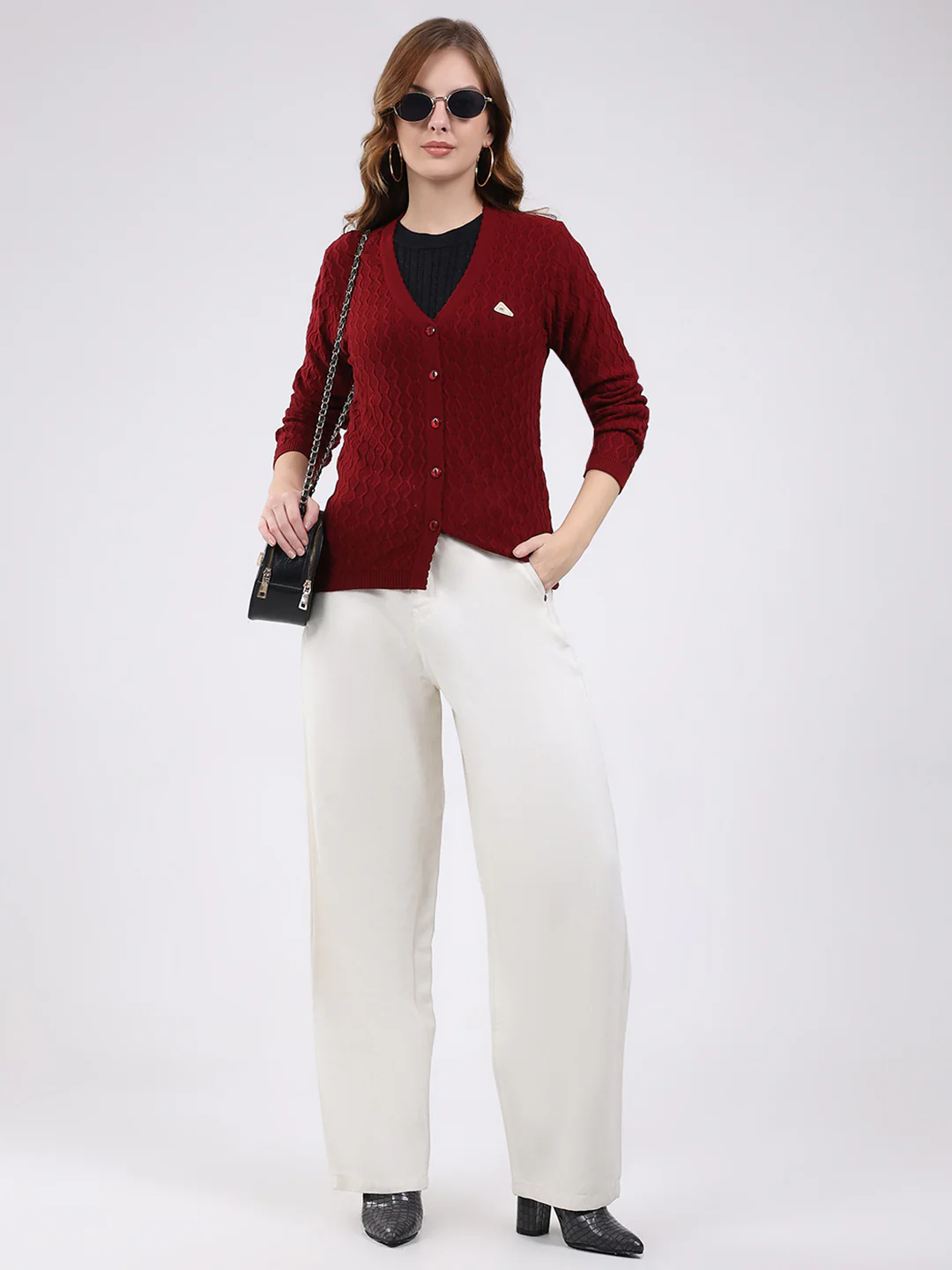 Women Maroon Self Design V Neck Full Sleeve Cardigan - Image 2
