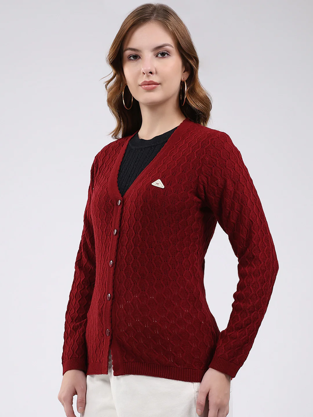 Women Maroon Self Design V Neck Full Sleeve Cardigan - Image 3