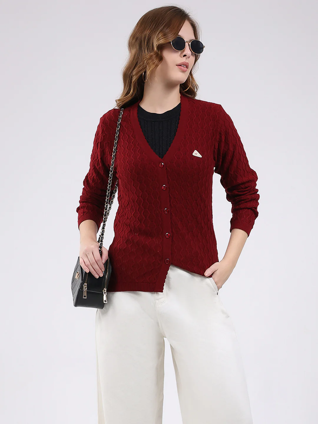 Women Maroon Self Design V Neck Full Sleeve Cardigan - Image 6