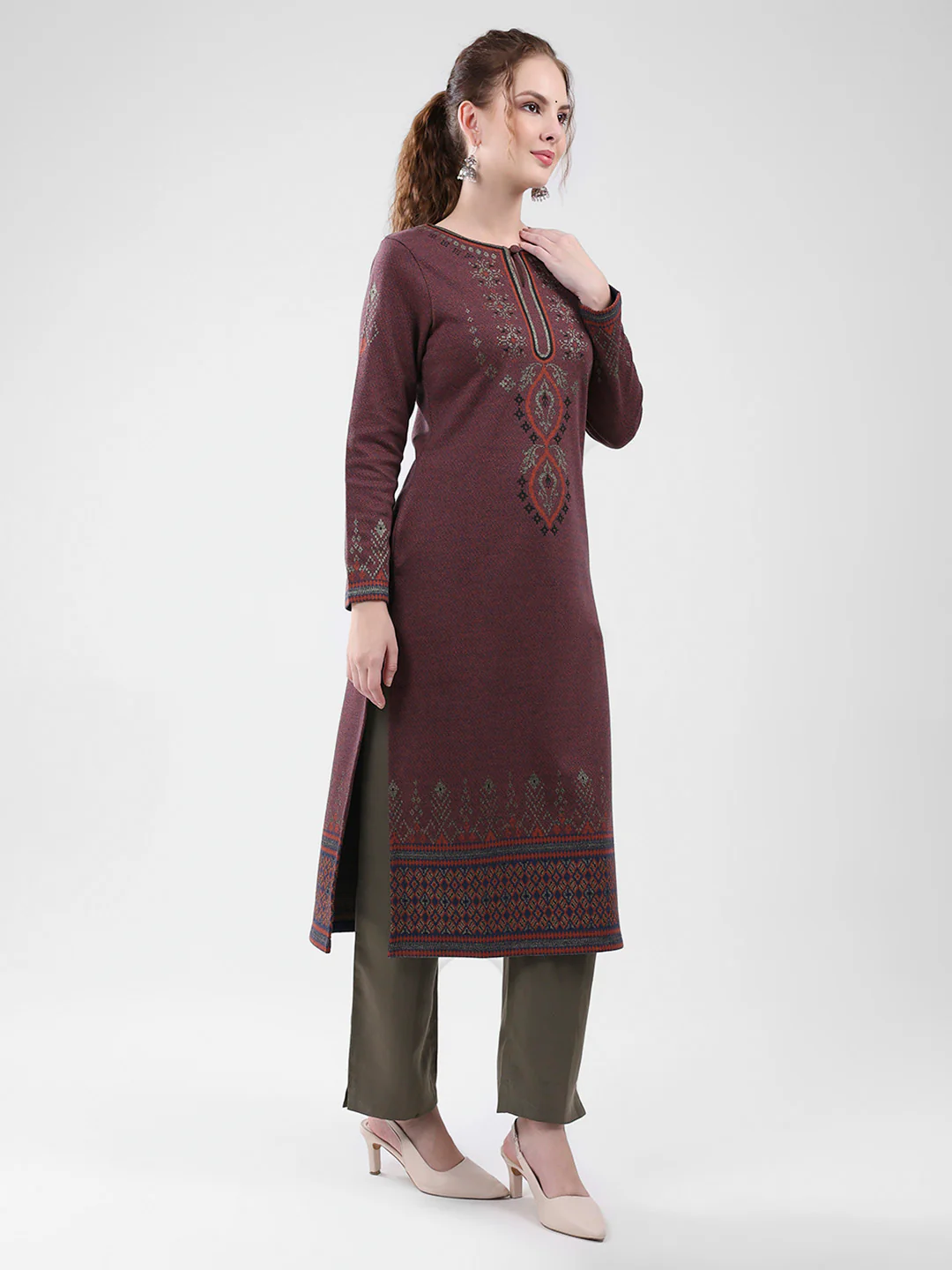 Women Maroon Self Design Round Neck Full Sleeve Winter Kurti - Image 4