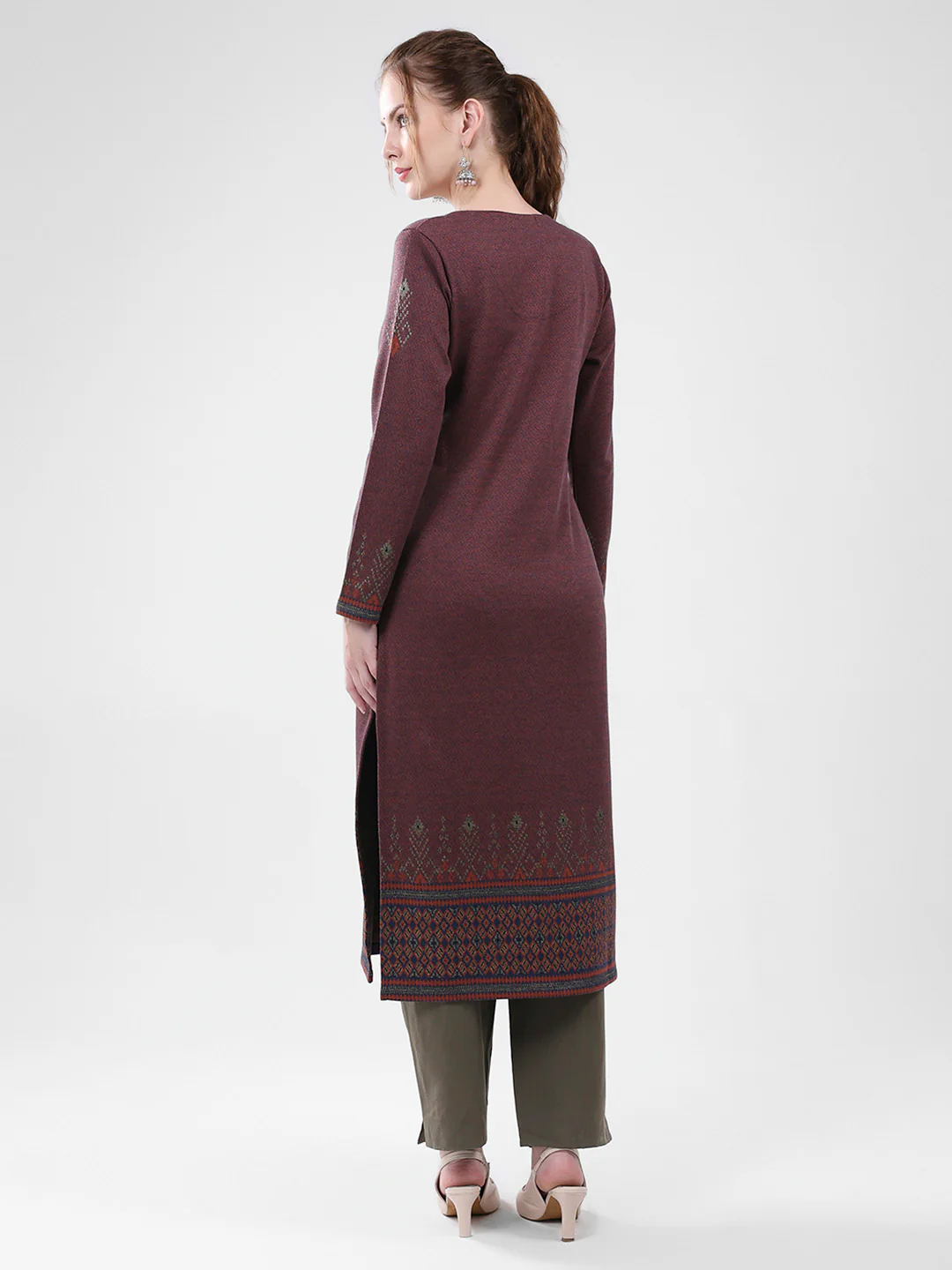 Women Maroon Self Design Round Neck Full Sleeve Winter Kurti - Image 5