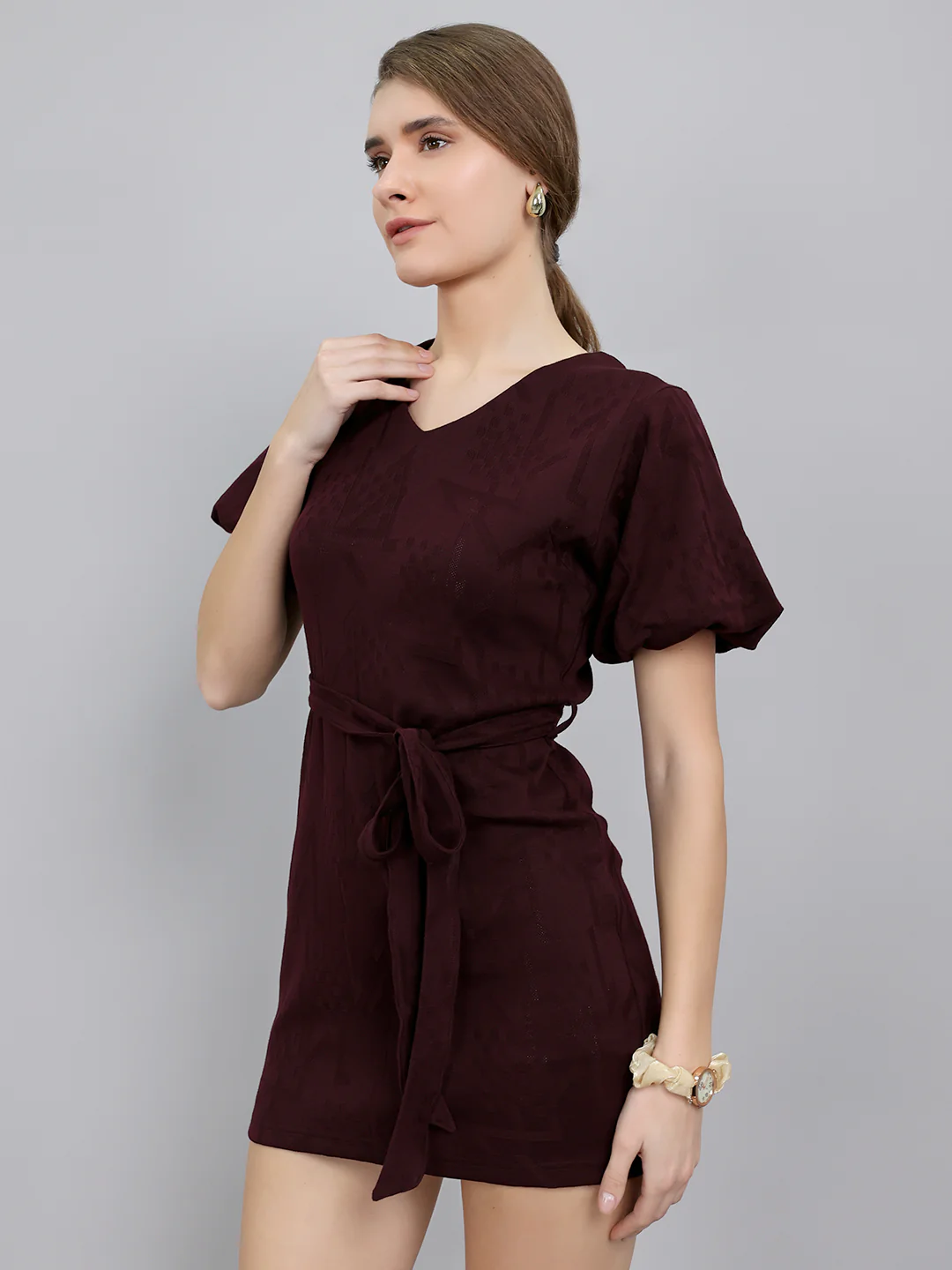Women Maroon Self Design V Neck Half Sleeve Dress - Image 2