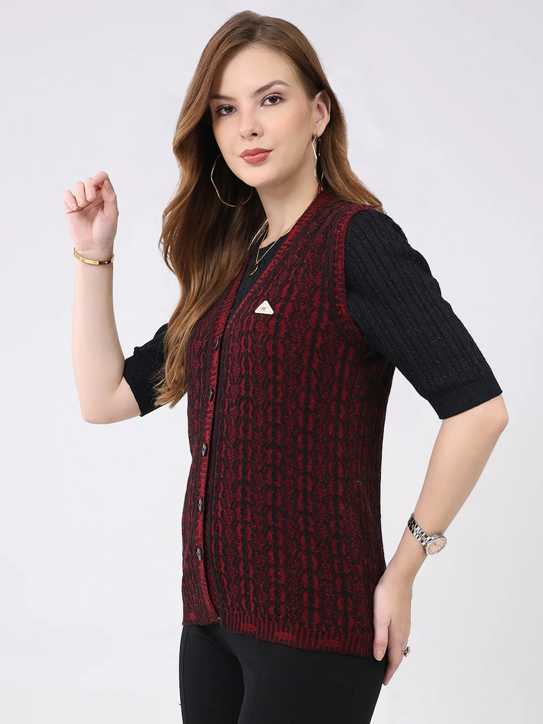 Women Maroon Self Design V Neck Sleeveless Cardigan - Image 3