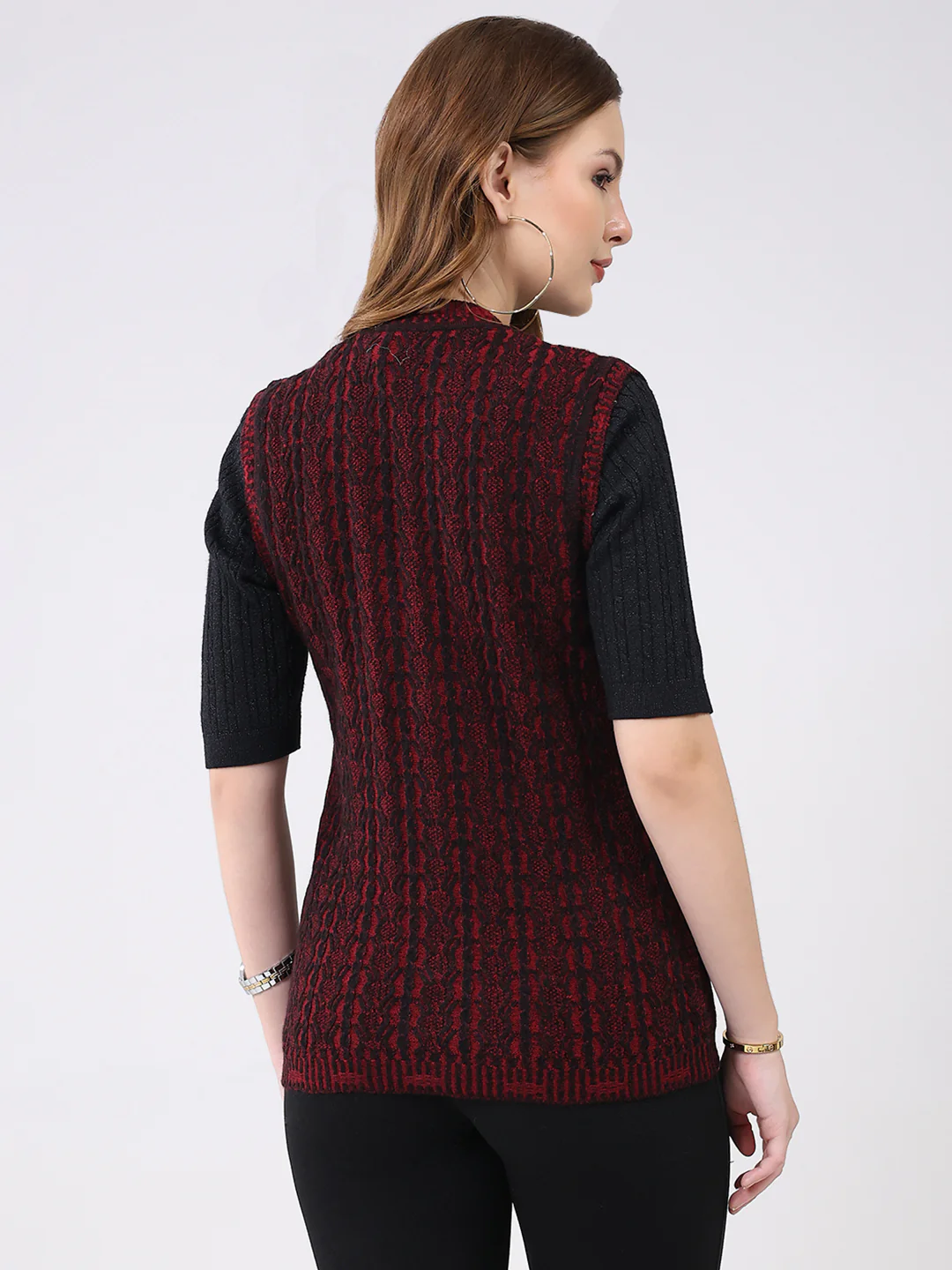 Women Maroon Self Design V Neck Sleeveless Cardigan - Image 5