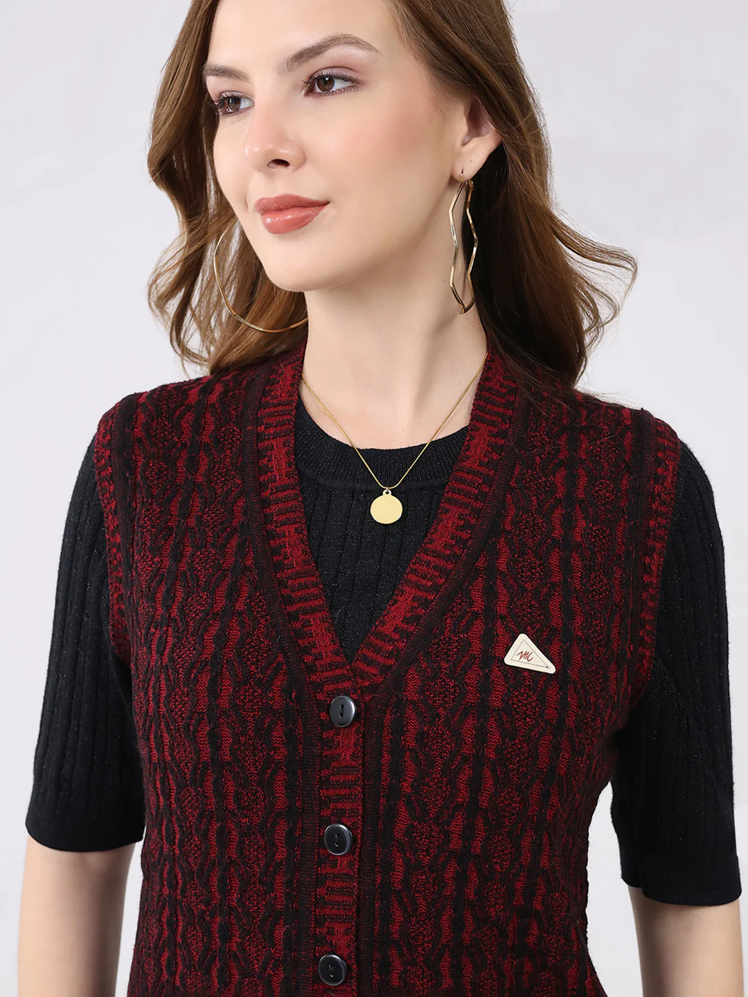 Women Maroon Self Design V Neck Sleeveless Cardigan - Image 7