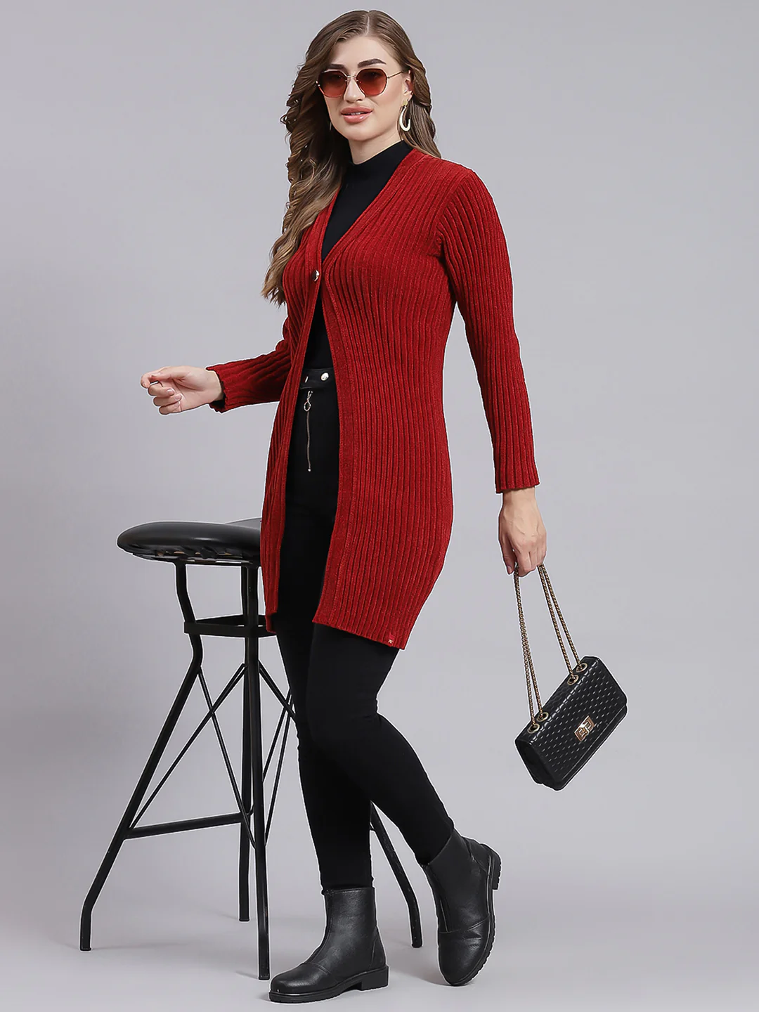 Women Maroon Self Design Wool blend Cardigan - Image 5