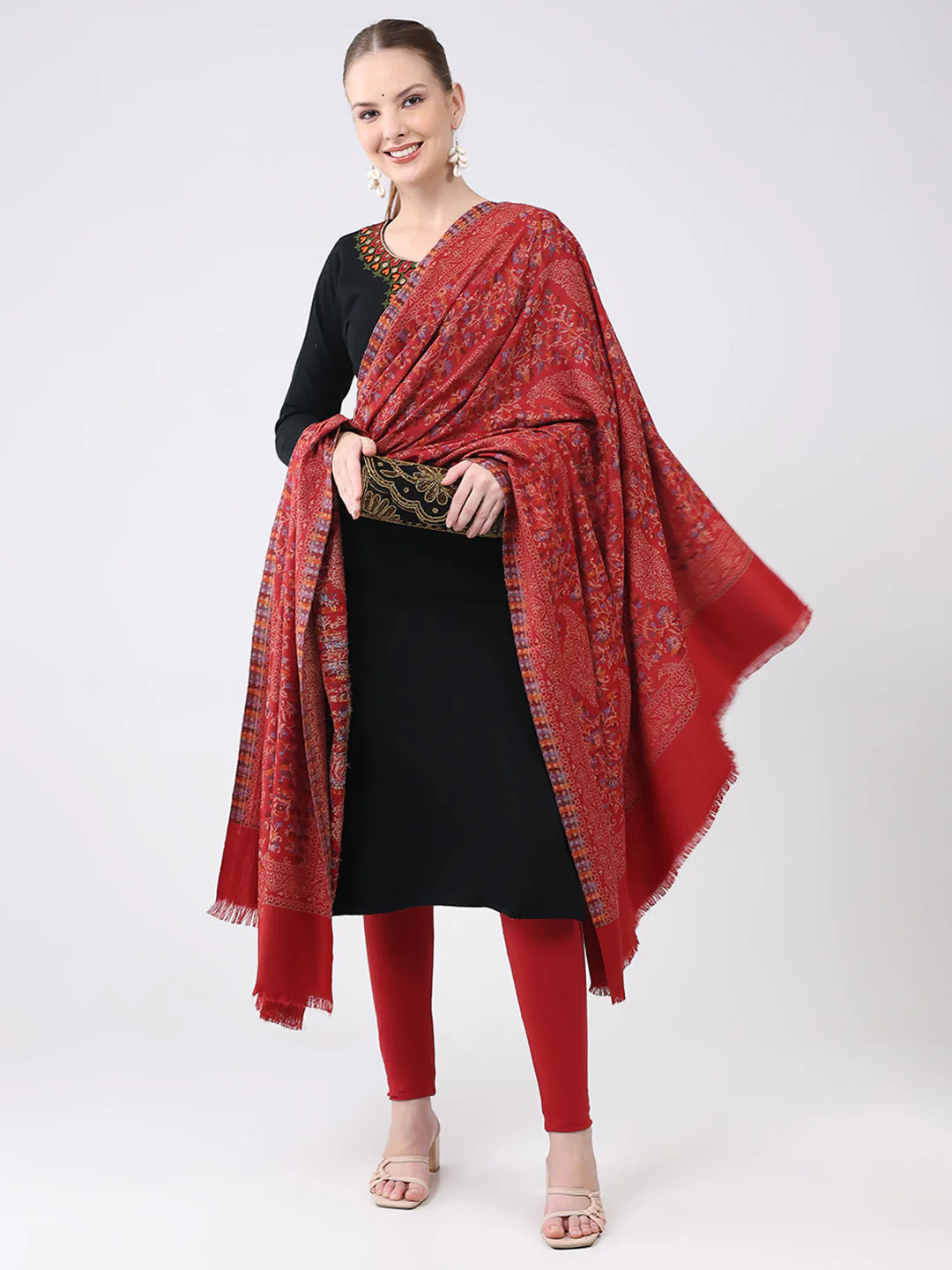 Women Maroon Self Design Wool Shawl - Image 2