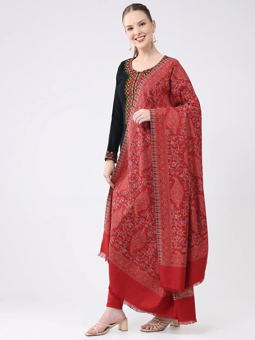 Women Maroon Self Design Wool Shawl - Image 3
