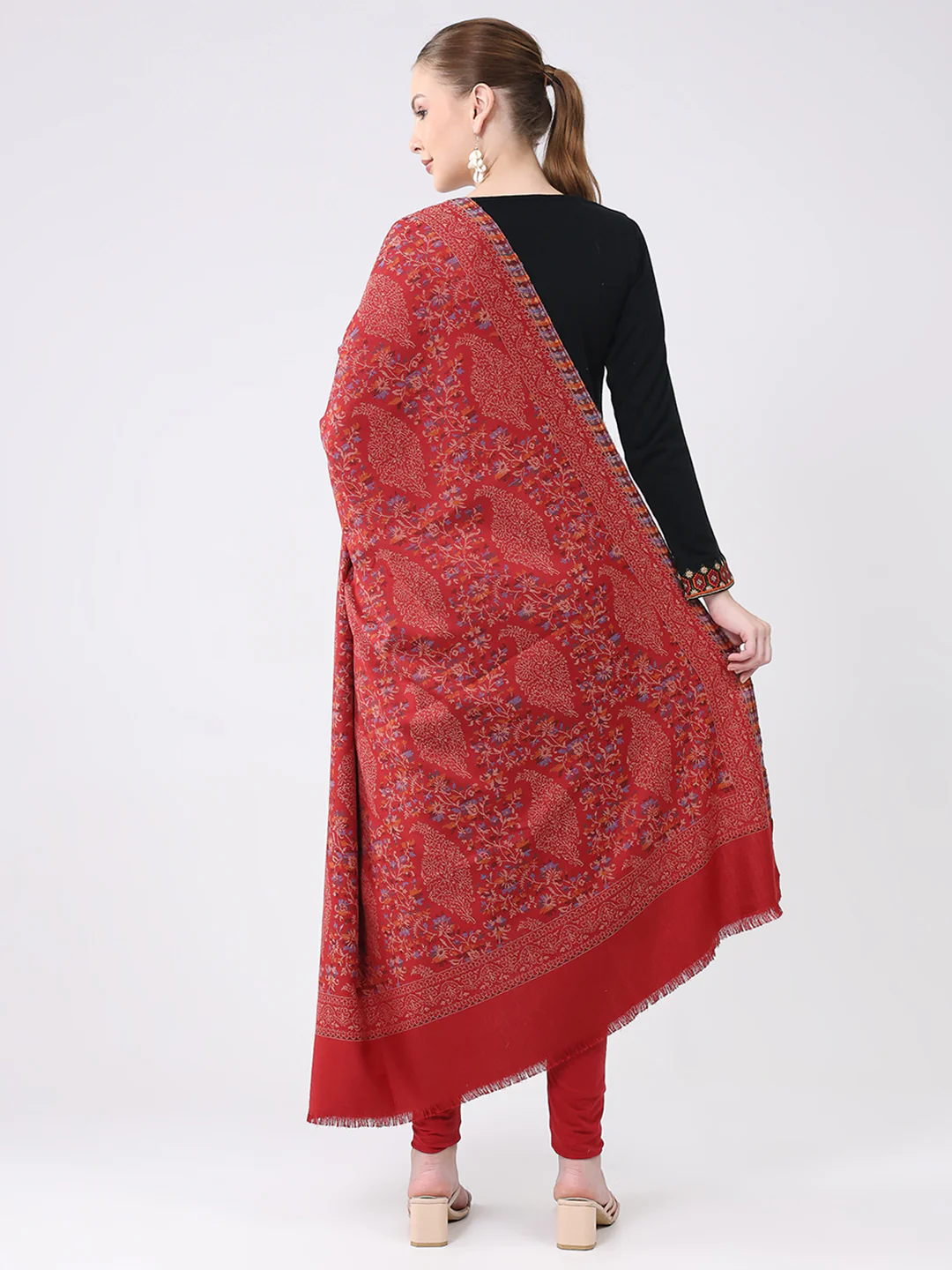 Women Maroon Self Design Wool Shawl - Image 5
