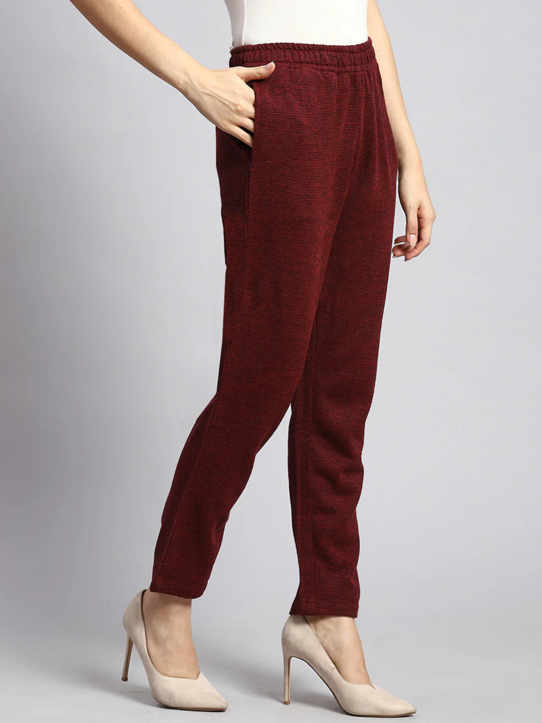 Women Maroon Self Winter Lower - Image 3