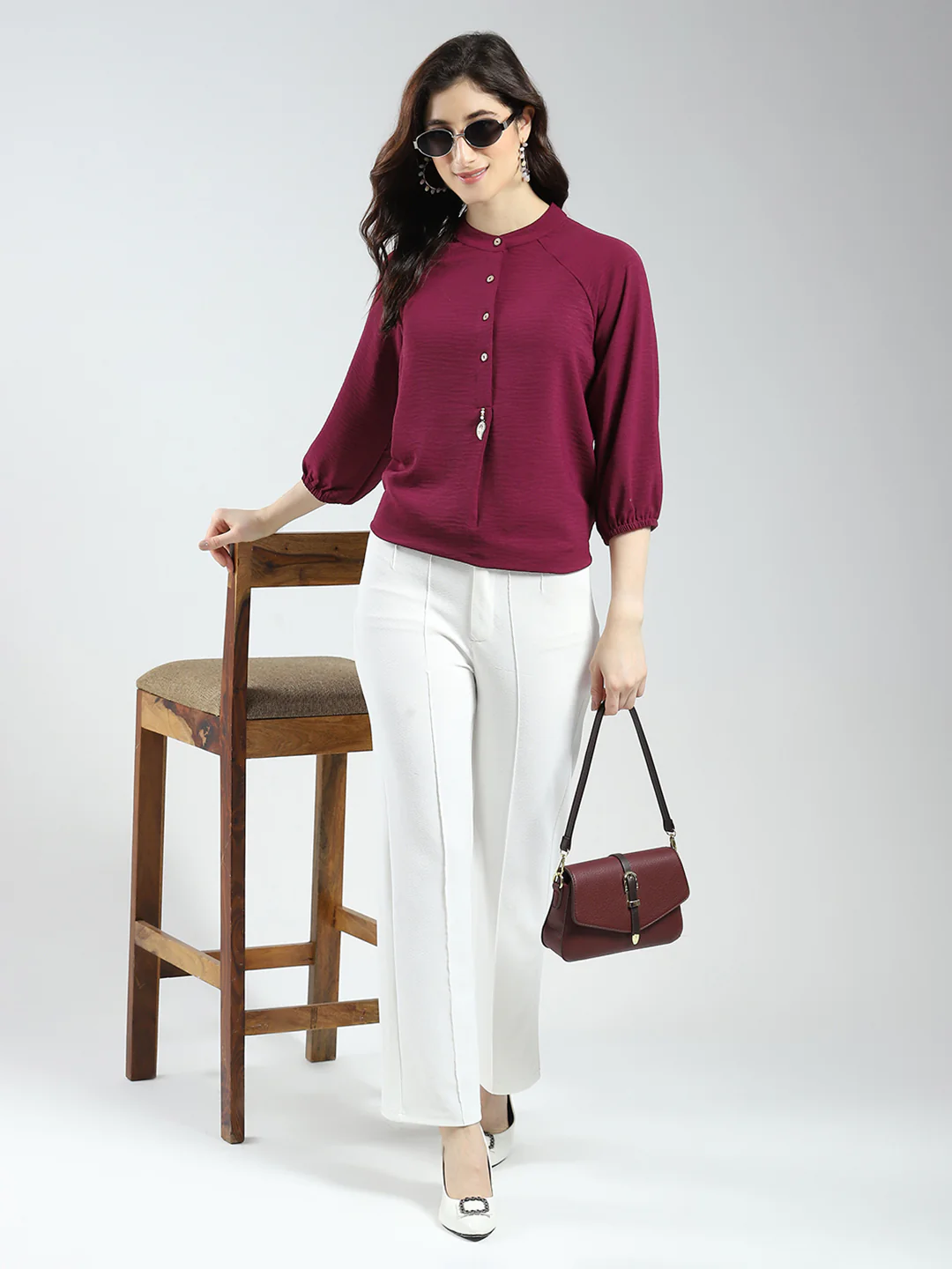 Women Maroon Solid Band Neck 3/4th Sleeve Top - Image 2