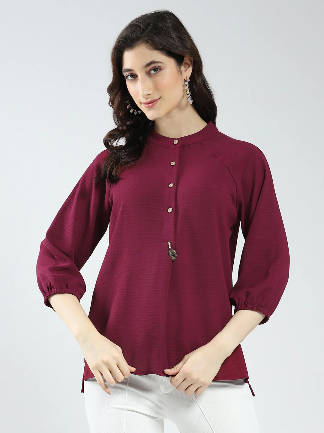 Women Maroon Solid Band Neck 3/4th Sleeve Top - Image 3