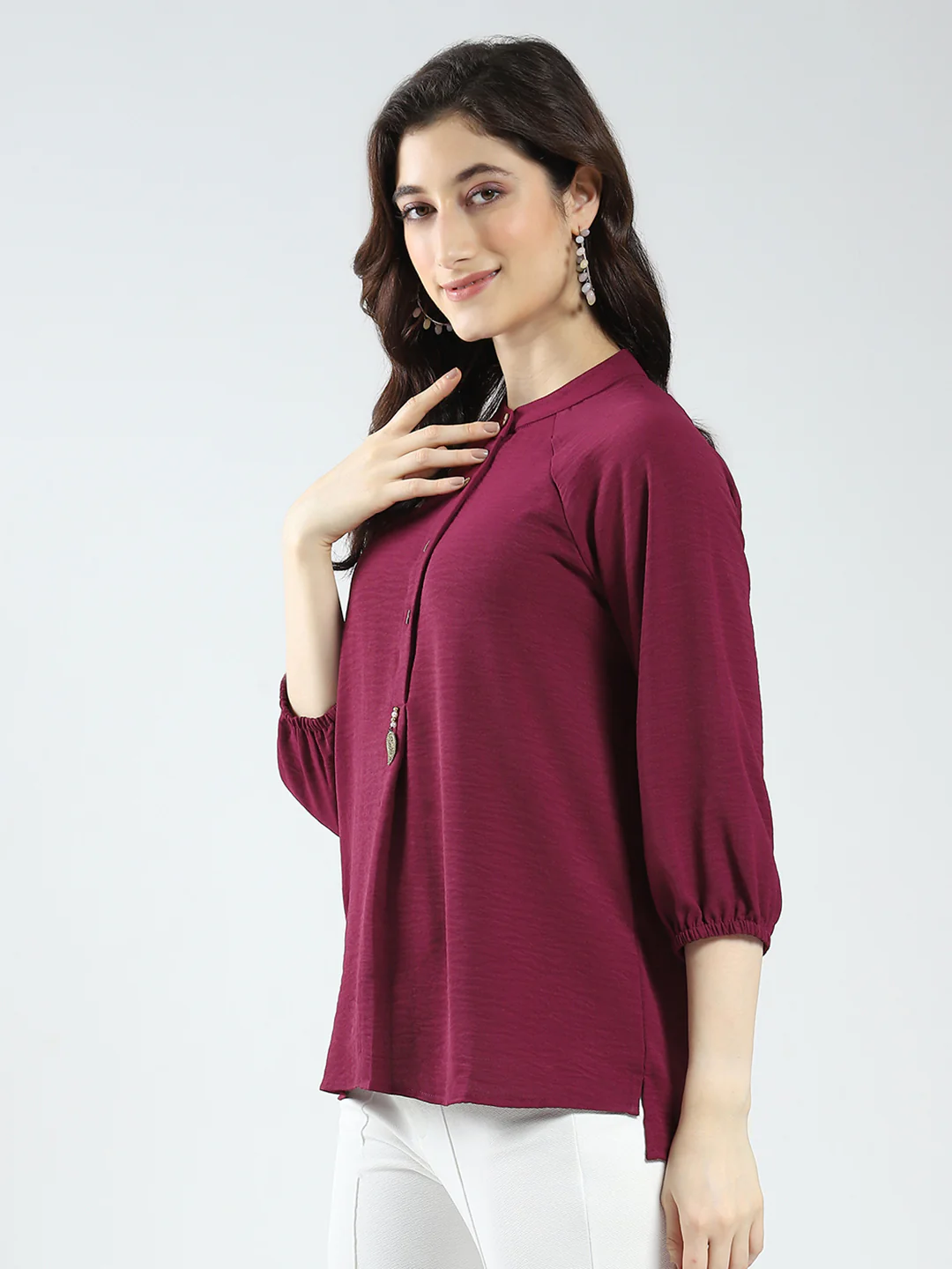 Women Maroon Solid Band Neck 3/4th Sleeve Top - Image 4