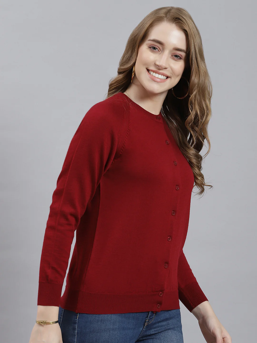 Women Maroon Solid Cardigan - Image 3