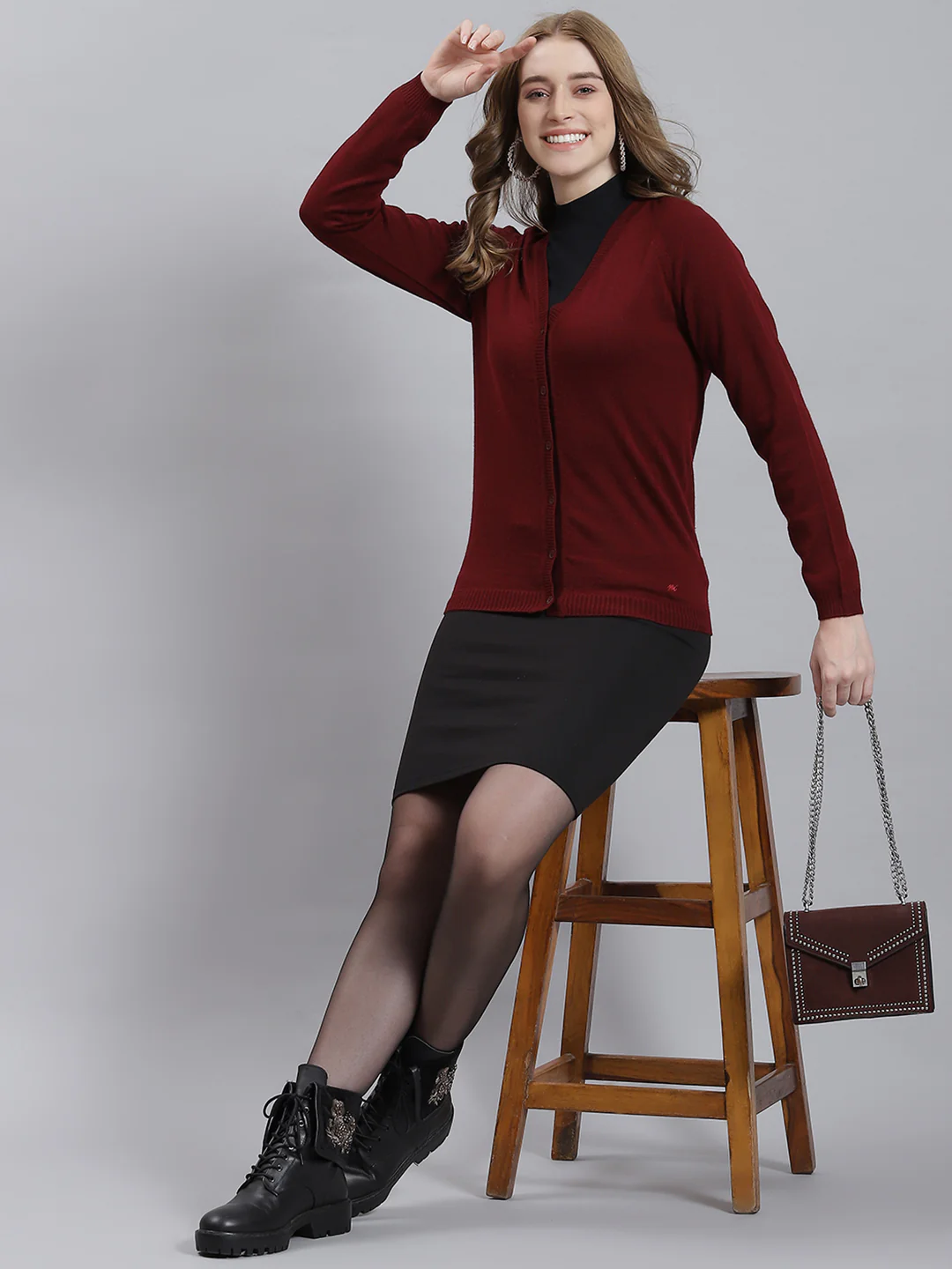 Women Maroon Solid Cardigan - Image 2