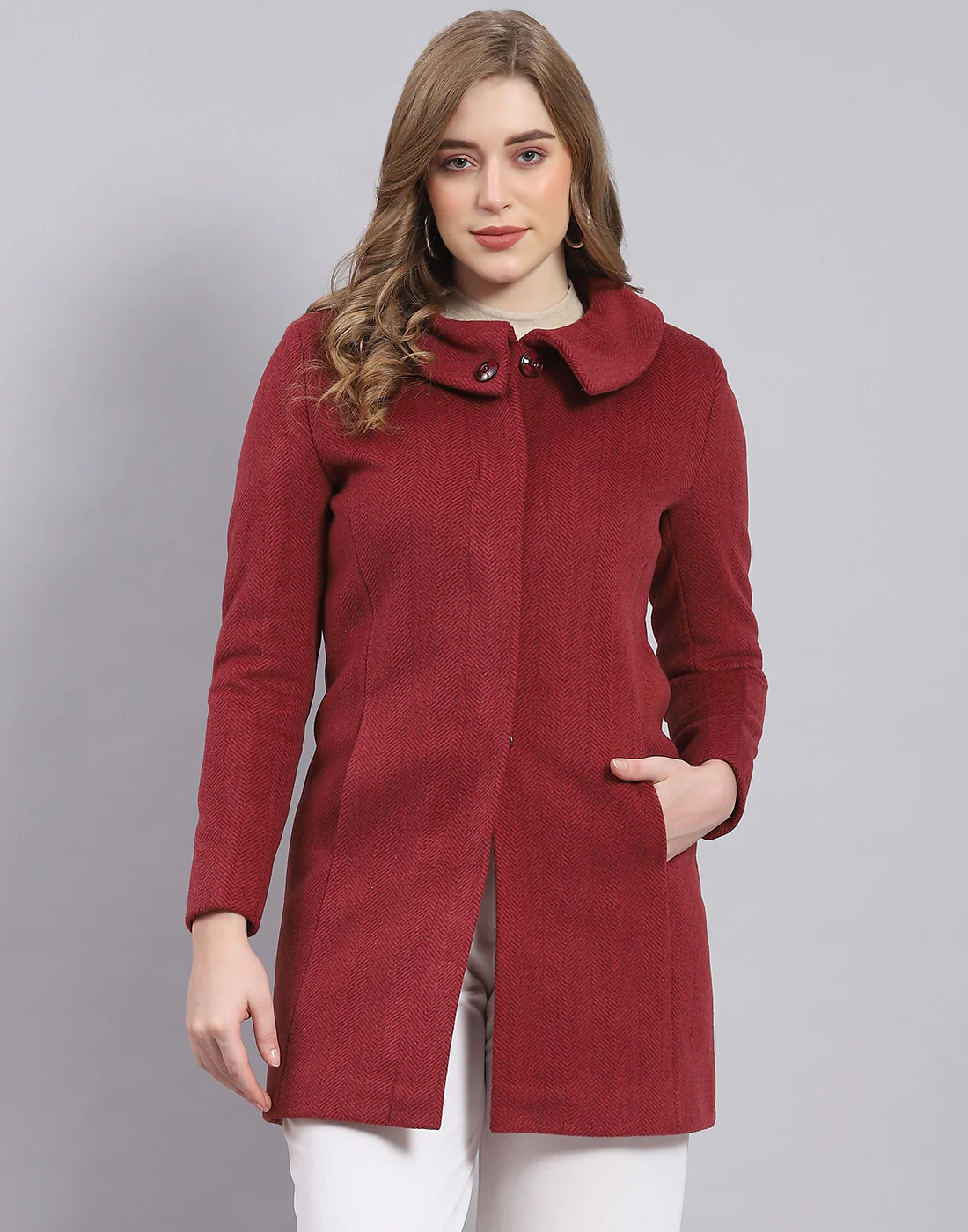 Women Maroon Solid Collar Full Sleeve Coat - Image 2