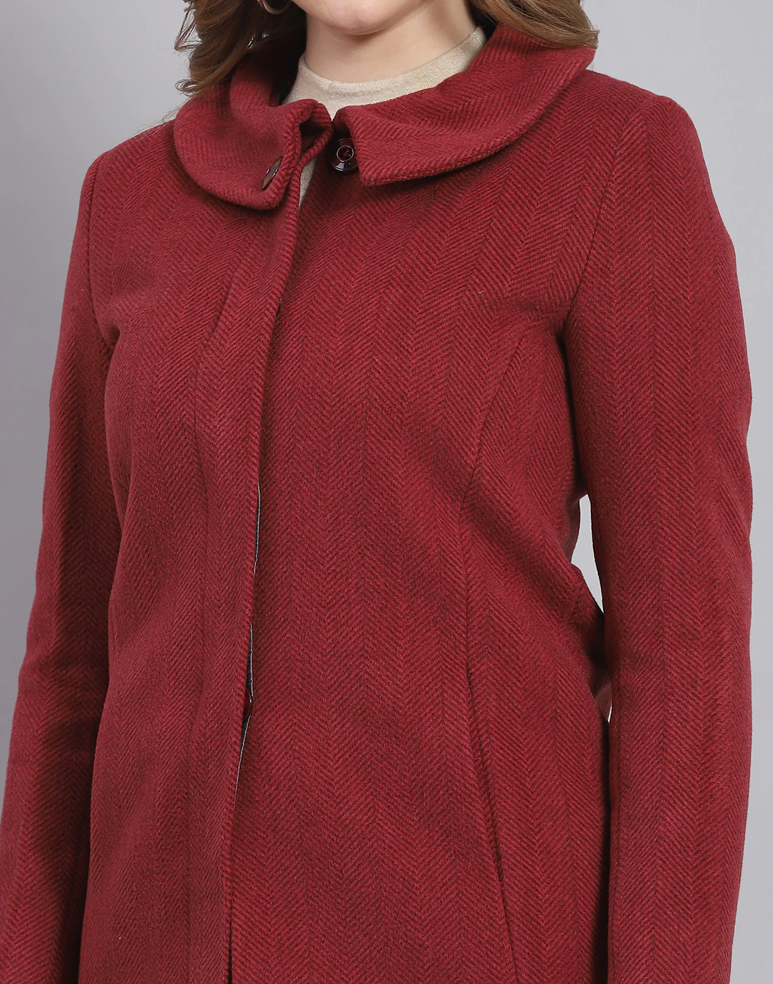 Women Maroon Solid Collar Full Sleeve Coat - Image 7