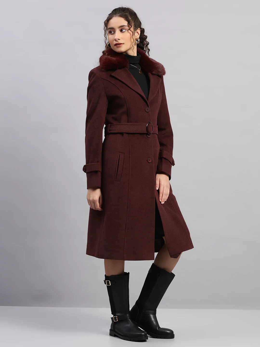 Women Maroon Solid Collar Full Sleeve Coat - Image 4
