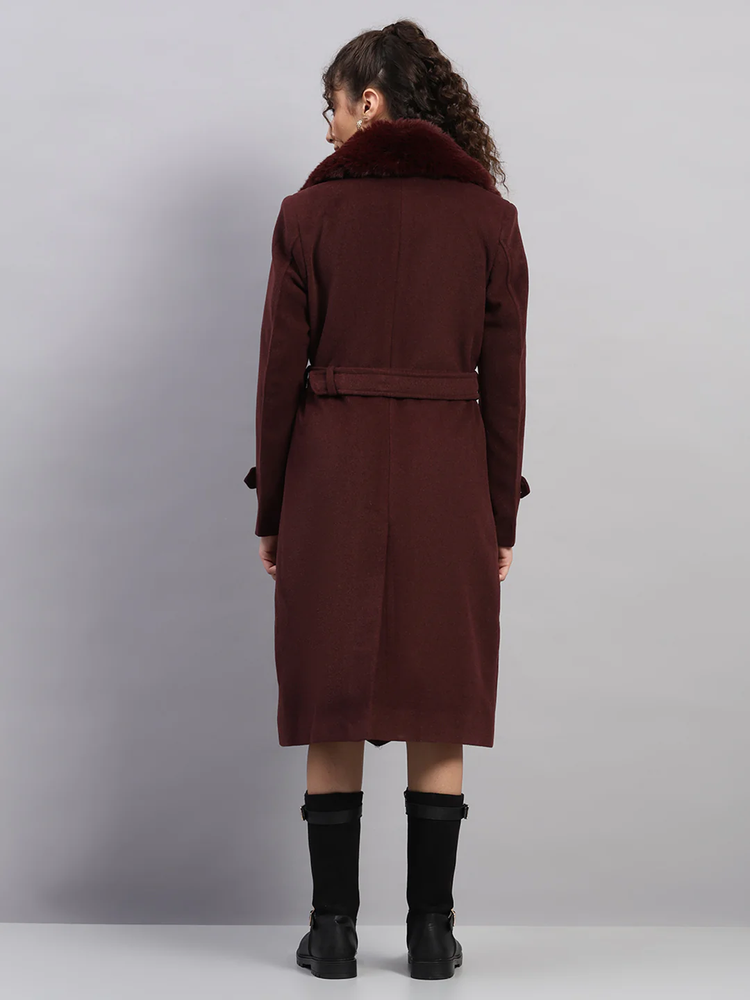 Women Maroon Solid Collar Full Sleeve Coat - Image 5