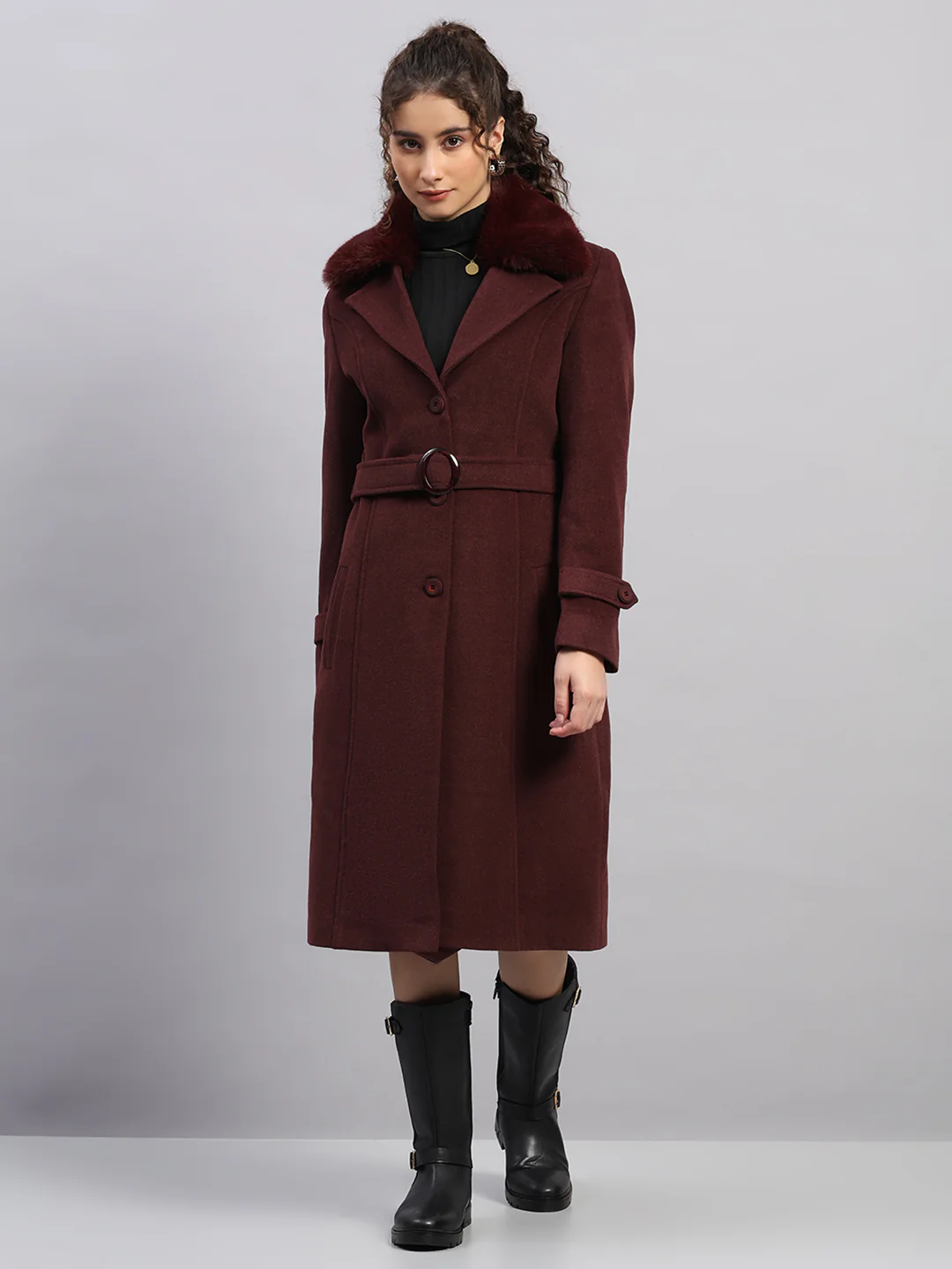 Women Maroon Solid Collar Full Sleeve Coat - Image 6